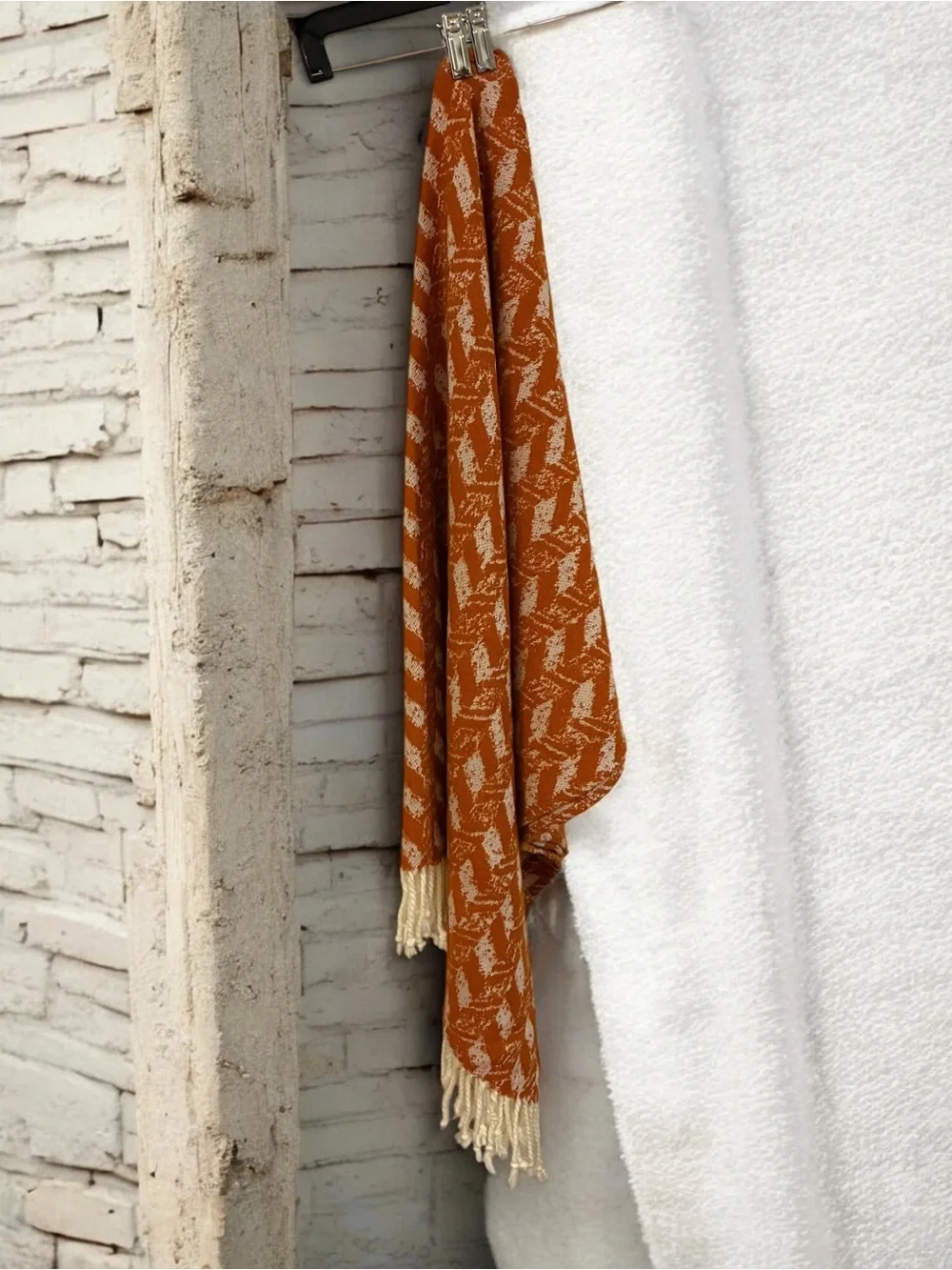 Threshold soft woven throw with knotted tassels. 60”x50”.